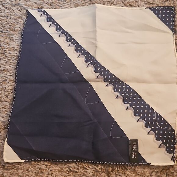 100% Silk Pocket Square Handkerchief | Navy & Cream | 10x10 - Picture 2 of 6
